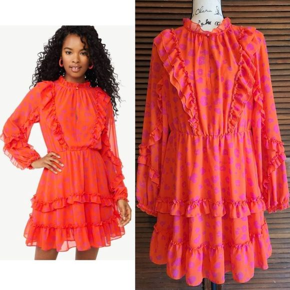 Scoop Dresses & Skirts - New Scoop Ruffle Pink Orange Leopard Mini Dress